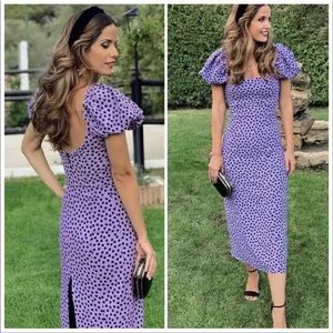 ZARA WOMAN POLKA DOT PRINT MIDI DRESS PUFF-SLEEVES LAVENDER